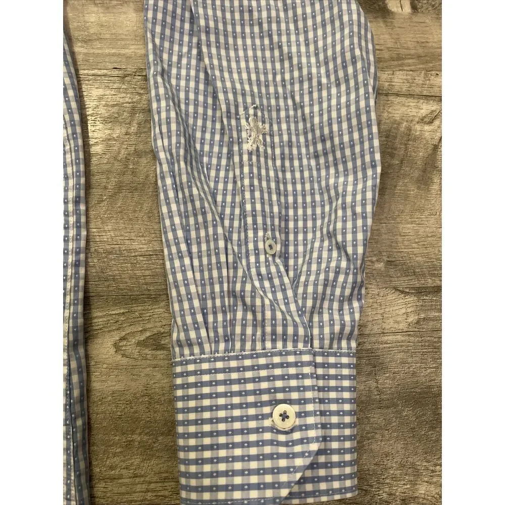 Bugatchi Uomo Dress Shirt Men's‎ Size 17.5 34 Flip Cuff Long Sleeve Blue Lion